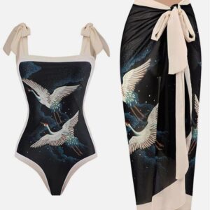 Printed twin Swan swimsuit with sarong